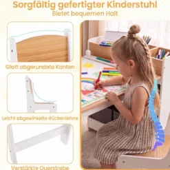 Kindertisch aus Holz Kindersitzgruppe mit 2 Stühlen 4 Fächer 6 Stoffkörben & Papierrolle Natur