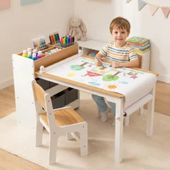 Kindertisch aus Holz Kindersitzgruppe mit 2 Stühlen 4 Fächer 6 Stoffkörben & Papierrolle Natur