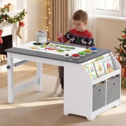 Kinder Tisch & Hockerset Kindersitzgruppe Holz mit Papierrollenhalter Papierrolle & 4 Farbbechern