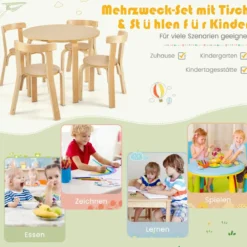 Kindertisch Holztisch mit 4 Stühlen für Kinder Kindertisch- und Stuhl-Set mit Rückenlehne Natur