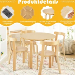 Kindertisch Holztisch mit 4 Stühlen für Kinder Kindertisch- und Stuhl-Set mit Rückenlehne Natur
