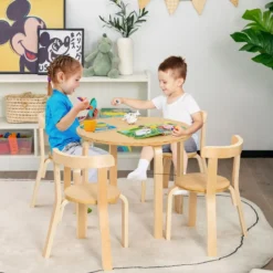 Kindertisch Holztisch mit 4 Stühlen für Kinder Kindertisch- und Stuhl-Set mit Rückenlehne Natur