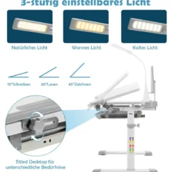 Kindertisch Kinderschreibtisch Set mit Bücherständer & LED-Licht für Jungs & Mädchen Grau