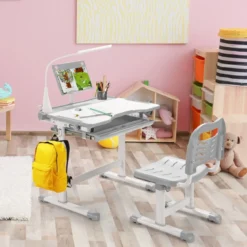 Kindertisch Kinderschreibtisch Set mit Bücherständer & LED-Licht für Jungs & Mädchen Grau