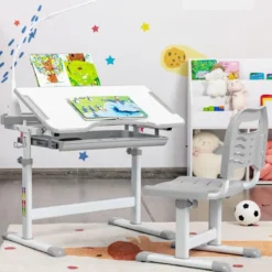 Kindertisch Kinderschreibtisch Set mit Bücherständer & LED-Licht für Jungs & Mädchen Grau