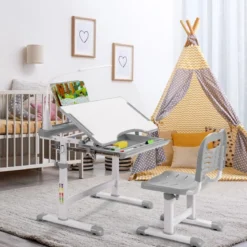 Kindertisch Kinderschreibtisch Set mit Bücherständer & LED-Licht für Jungs & Mädchen Grau