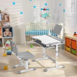 Kindertisch Kinderschreibtisch Set mit Bücherständer & LED-Licht für Jungs & Mädchen Grau