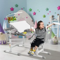 Kindertisch Kinderschreibtisch Set mit Bücherständer & LED-Licht für Jungs & Mädchen Grau