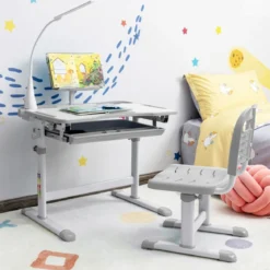 Kindertisch Kinderschreibtisch Set mit Bücherständer & LED-Licht für Jungs & Mädchen Grau