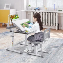 Kindertisch Kinderschreibtisch Set mit Bücherständer & LED-Licht für Jungs & Mädchen Grau