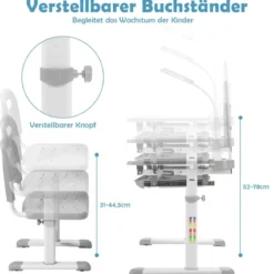Kindertisch Kinderschreibtisch Set mit Bücherständer & LED-Licht für Jungs & Mädchen Grau