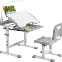 Kindertisch Kinderschreibtisch Set mit Bücherständer & LED-Licht für Jungs & Mädchen Grau