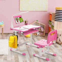 Kindertisch Kinderschreibtisch Set mit Bücherständer & LED-Licht für Jungs & Mädchen Rosa