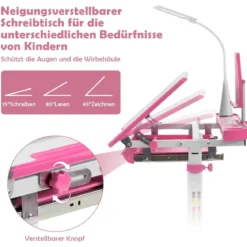 Kindertisch Kinderschreibtisch Set mit Bücherständer & LED-Licht für Jungs & Mädchen Rosa