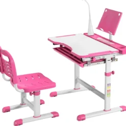 Kindertisch Kinderschreibtisch Set mit Bücherständer & LED-Licht für Jungs & Mädchen Rosa
