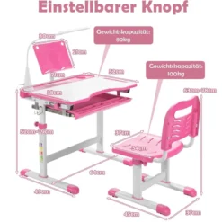 Kindertisch Kinderschreibtisch Set mit Bücherständer & LED-Licht für Jungs & Mädchen Rosa
