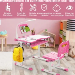 Kindertisch Kinderschreibtisch Set mit Bücherständer & LED-Licht für Jungs & Mädchen Rosa