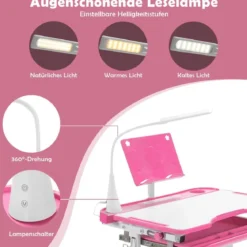 Kindertisch Kinderschreibtisch Set mit Bücherständer & LED-Licht für Jungs & Mädchen Rosa