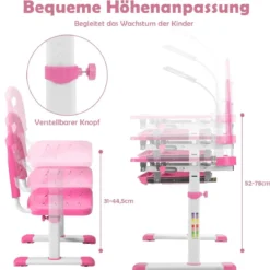 Kindertisch Kinderschreibtisch Set mit Bücherständer & LED-Licht für Jungs & Mädchen Rosa