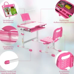 Kindertisch Kinderschreibtisch Set mit Bücherständer & LED-Licht für Jungs & Mädchen Rosa