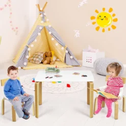 Kindertisch mit 2 Stühlen aus Holz 3tlg. Kindersitzgruppe Sitzgruppe für Kinder Weiß