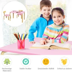 Kindertisch mit 2 Stühlen aus Holz 3tlg. Kindersitzgruppe Sitzgruppe für Kinder Rosa