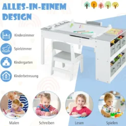 Kindertisch mit 2 Stühlen 3 in 1 Aktivitätstisch & Staffelei aus Holz mit Anhebbarer Tischplatte