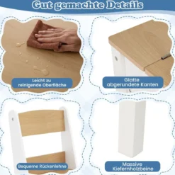 Kindertisch mit 2 Stühlen 3 in 1 Maltisch Holz Kindersitzgruppe mit anhebbarer Tischplatte Grau/Natur