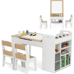 Kindertisch mit 2 Stühlen 3 in 1 Maltisch Holz Kindersitzgruppe mit anhebbarer Tischplatte Grau/Natur
