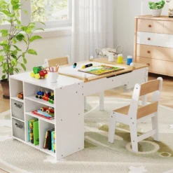 Kindertisch mit 2 Stühlen 3 in 1 Maltisch Holz Kindersitzgruppe mit anhebbarer Tischplatte Grau/Natur