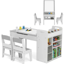 Kindertisch mit 2 Stühlen 3 in 1 Maltisch Holz Kindersitzgruppe mit anhebbarer Tischplatte Grau/Natur