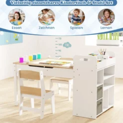 Kindertisch mit 2 Stühlen 3 in 1 Maltisch Holz Kindersitzgruppe mit anhebbarer Tischplatte Grau/Natur