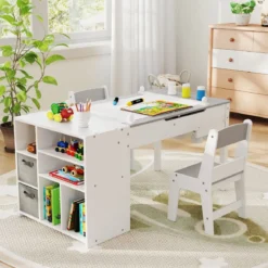 Kindertisch mit 2 Stühlen 3 in 1 Maltisch Holz Kindersitzgruppe mit anhebbarer Tischplatte Grau/Natur