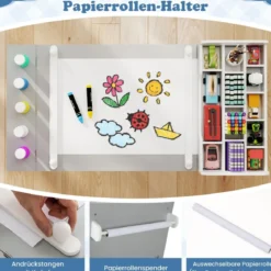Kindertisch mit 2 Stühlen 3 in 1 Maltisch Holz Kindersitzgruppe mit anhebbarer Tischplatte Grau/Natur
