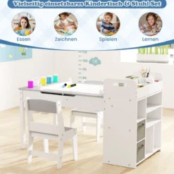 Kindertisch mit 2 Stühlen 3 in 1 Maltisch Holz Kindersitzgruppe mit anhebbarer Tischplatte Grau/Natur