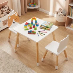 Kindertisch mit 2 Stühlen Kinderschreibtisch und Stuhl Set mit Holzbeinen Kindersitzgruppe Weiß