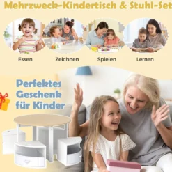 Kindertisch mit 4 Stühlen rund 5 teilige Kindersitzgruppe aus Holz mit 4 Stauraumhocker