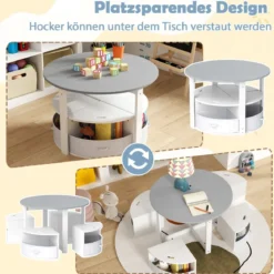 Kindertisch mit 4 Stühlen rund 5 teilige Kindersitzgruppe aus Holz mit 4 Stauraumhocker