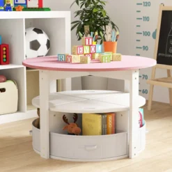 Kindertisch mit 4 Stühlen rund 5 teilige Kindersitzgruppe aus Holz mit 4 Stauraumhocker