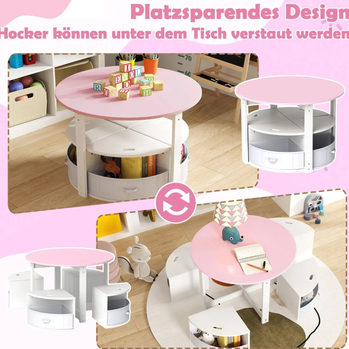 Kindertisch mit 4 Stühlen rund 5 teilige Kindersitzgruppe aus Holz mit 4 Stauraumhocker