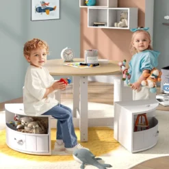 Kindertisch mit 4 Stühlen rund 5 teilige Kindersitzgruppe aus Holz mit 4 Stauraumhocker