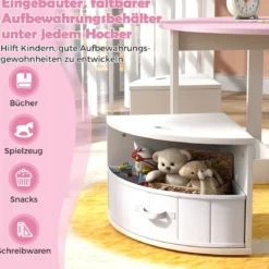 Kindertisch mit 4 Stühlen rund 5 teilige Kindersitzgruppe aus Holz mit 4 Stauraumhocker