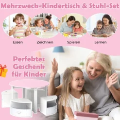 Kindertisch mit 4 Stühlen rund 5 teilige Kindersitzgruppe aus Holz mit 4 Stauraumhocker