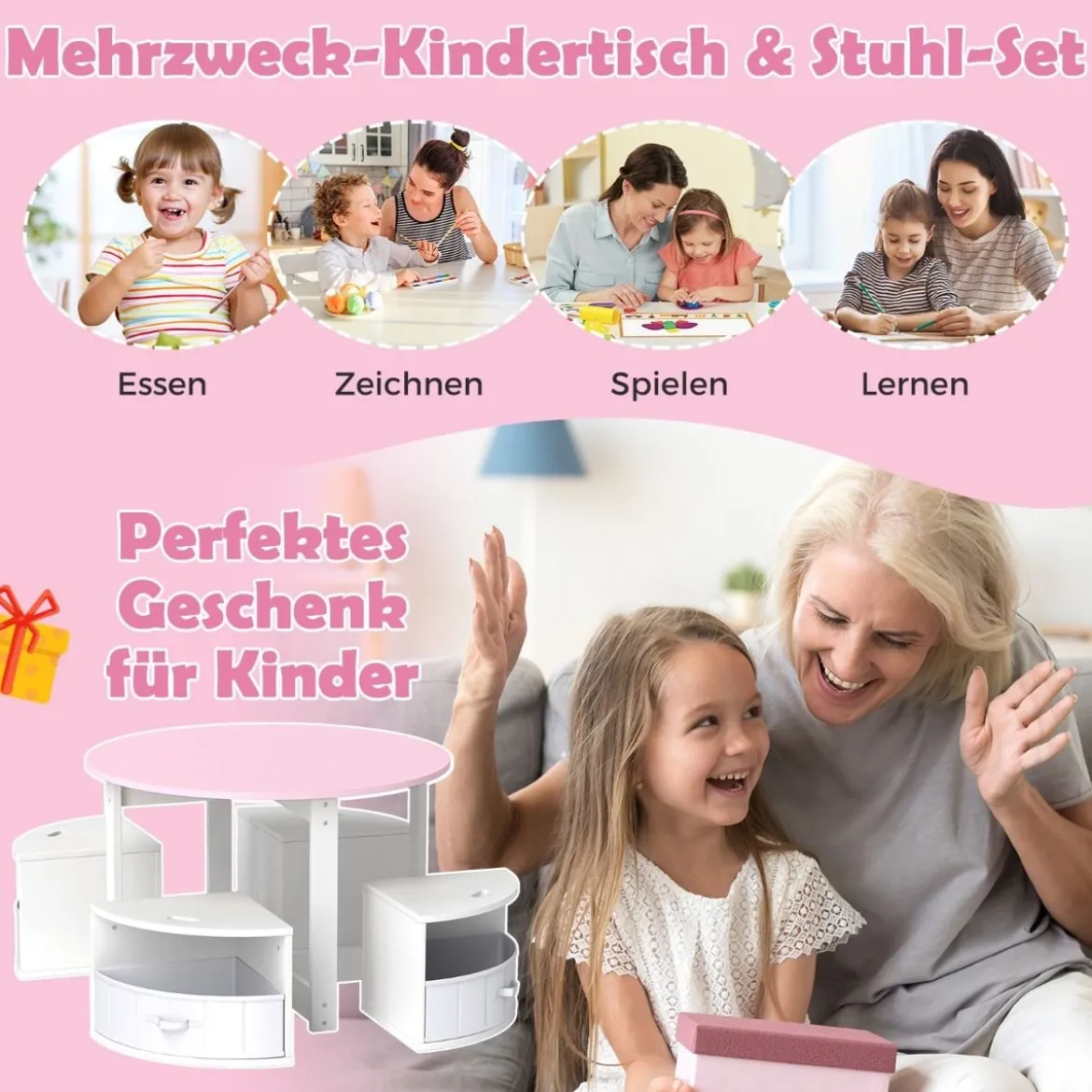 Kindertisch mit 4 Stühlen rund 5 teilige Kindersitzgruppe aus Holz mit 4 Stauraumhocker