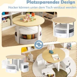 Kindertisch mit 4 Stühlen rund 5 teilige Kindersitzgruppe aus Holz mit 4 Stauraumhocker