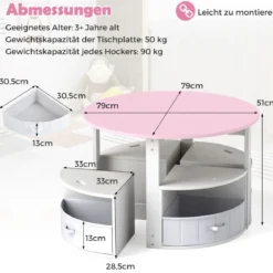 Kindertisch mit 4 Stühlen rund 5 teilige Kindersitzgruppe aus Holz mit 4 Stauraumhocker