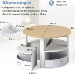 Kindertisch mit 4 Stühlen rund 5 teilige Kindersitzgruppe aus Holz mit 4 Stauraumhocker