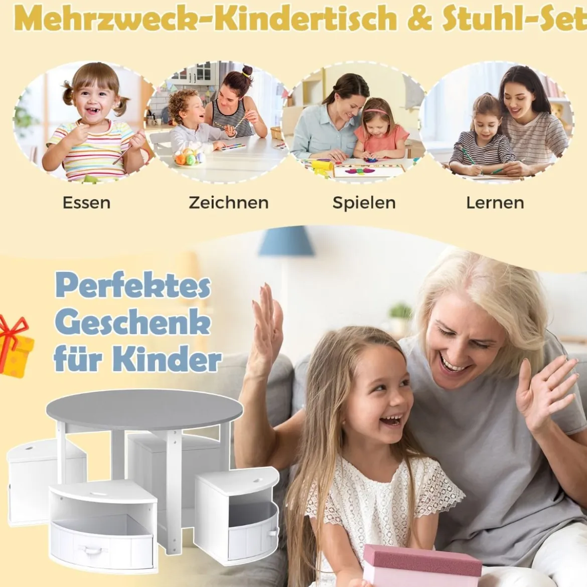 Kindertisch mit 4 Stühlen rund 5 teilige Kindersitzgruppe aus Holz mit 4 Stauraumhocker
