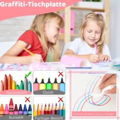 Kindertisch mit 4 Stühlen Set mit Graffiti-Tischplatte Höhenverstellbare Kindersitzgruppe