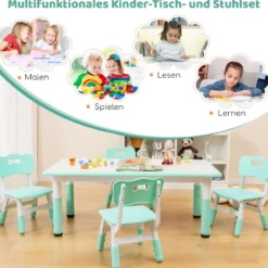 Kindertisch mit 4 Stühlen Set mit Graffiti-Tischplatte Höhenverstellbare Kindersitzgruppe